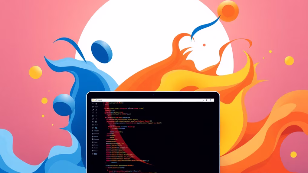 A laptop with code on its screen is placed against a vibrant background. Blue and orange abstract waves frame the laptop, with a large white circle centrally positioned. The scene blends technology with artistic flair.