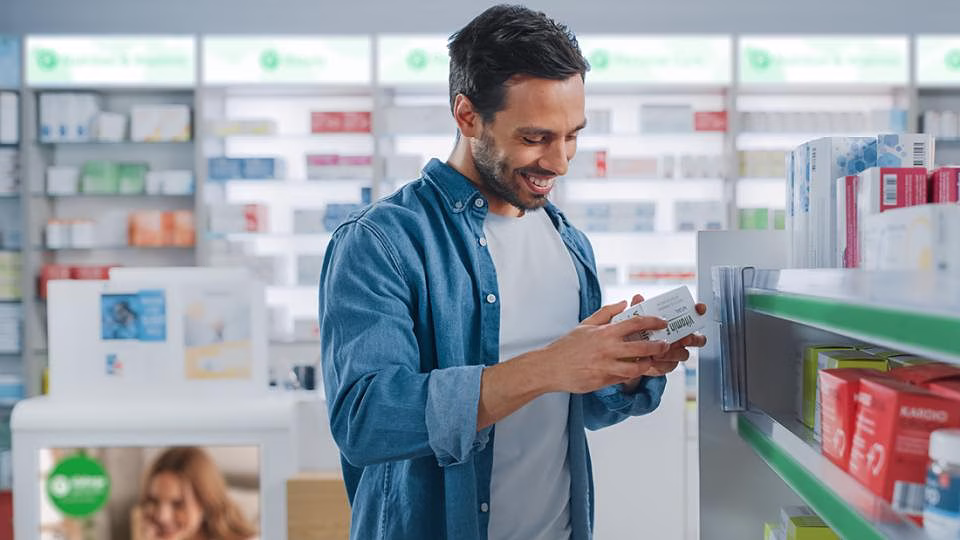 Man bekijkt product in apotheek terwijl hij zijn smartphone vasthoudt