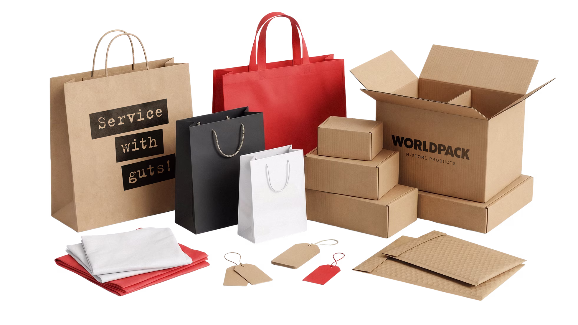 Verzameling verpakkingsmaterialen: kartonnen dozen, papieren tassen en labels
