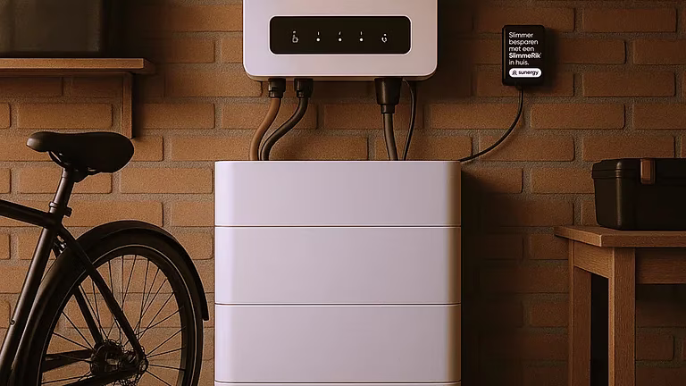 Witte laadstation gemonteerd boven witte ladenkast naast fiets in moderne ruimte