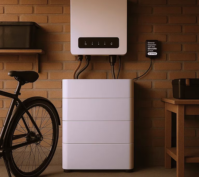Witte laadstation gemonteerd boven witte ladenkast naast fiets in moderne ruimte
