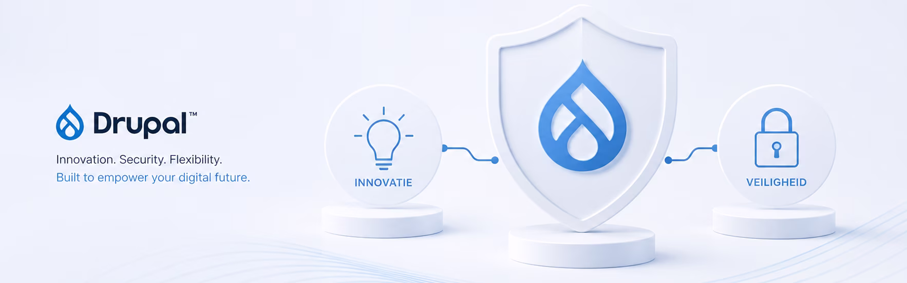 Drupal logo met pictogrammen voor beveiliging en workflow op lichte achtergrond