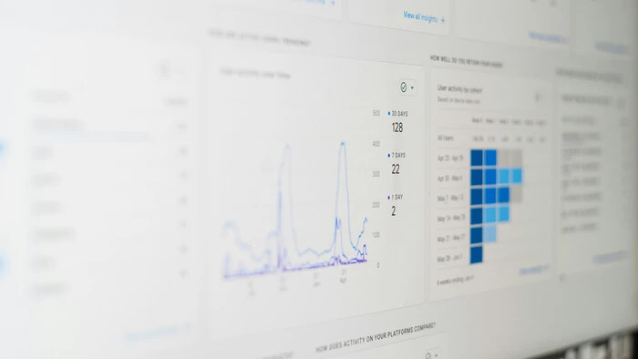 A blurred image of a computer screen displaying analytics, featuring line graphs and a heatmap. The graphs show activity trends, and the heatmap indicates user engagement across different times and dates.