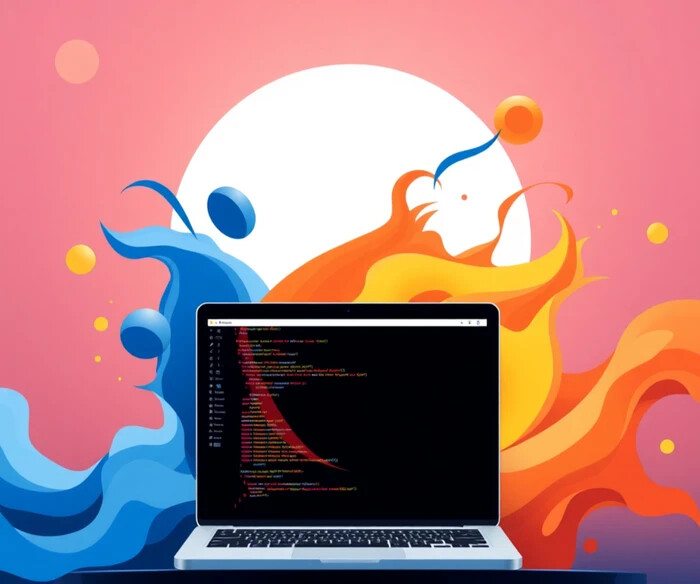 A laptop with code on its screen is placed against a vibrant background. Blue and orange abstract waves frame the laptop, with a large white circle centrally positioned. The scene blends technology with artistic flair.