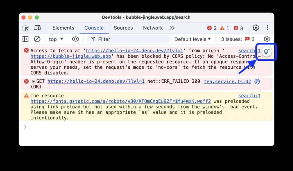 Browser developer tools displaying a console error log, featuring a warning sign with errors related to CORS policy and an HTTPS fetch request failure.