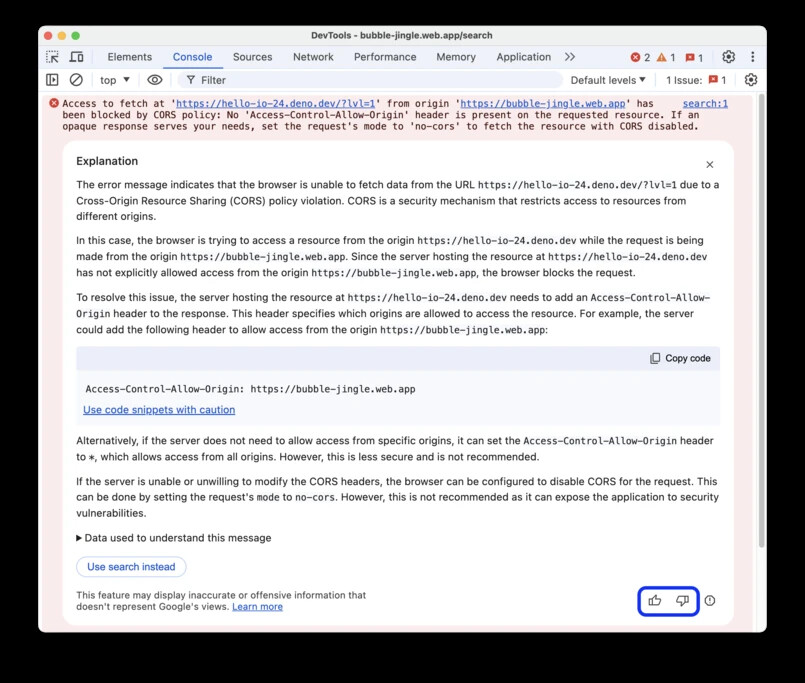 Screenshot of a browser window displaying a CORS error message in the DevTools console, explaining access control methods for resolving cross-origin resource sharing issues.