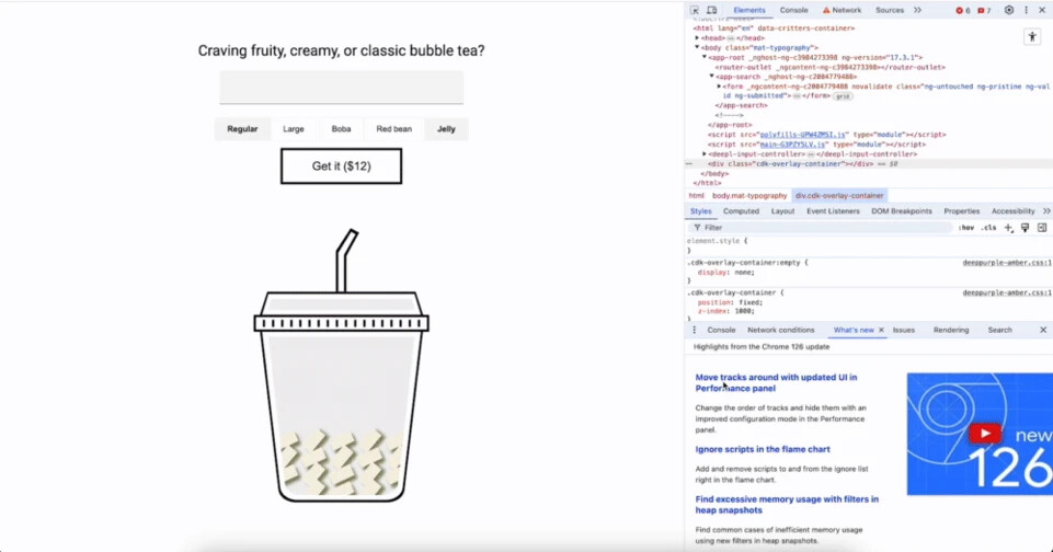 An illustration of a bubble tea drink cup with a straw and tapioca pearls at the bottom. The webpage displays options for regular, large, boba, red bean, and jelly. The "Get it ($12)" button is highlighted. Developer tools are open on the right.