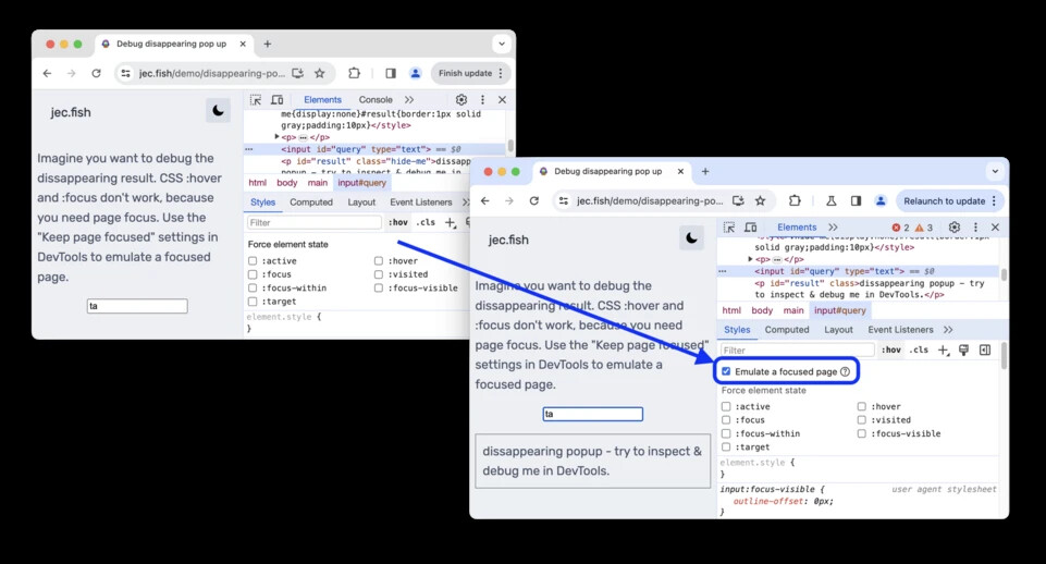 Two browser windows showcase web development tools. The left window displays CSS properties with a "Focus" checkbox. The right window highlights a webpage with an arrow pointing to "Emulate a focused page" in DevTools, demonstrating element focusing.