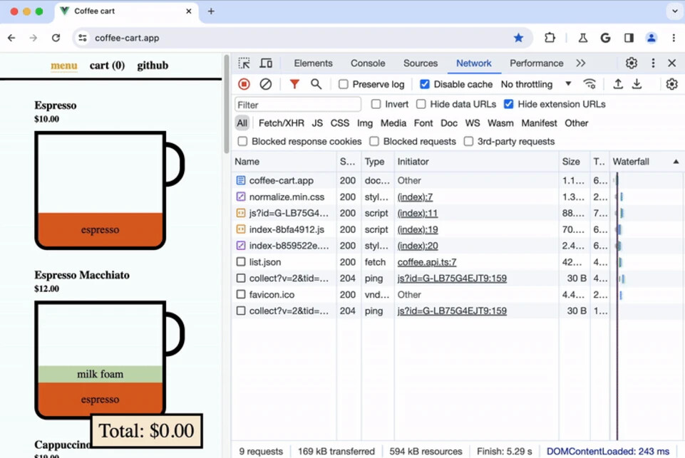 A screenshot of a web page shows a coffee cart app displaying a menu with items like espresso and espresso macchiato, each priced at $2.10. On the right, a browser's developer tools network tab details loaded resources. Total is $0.00.