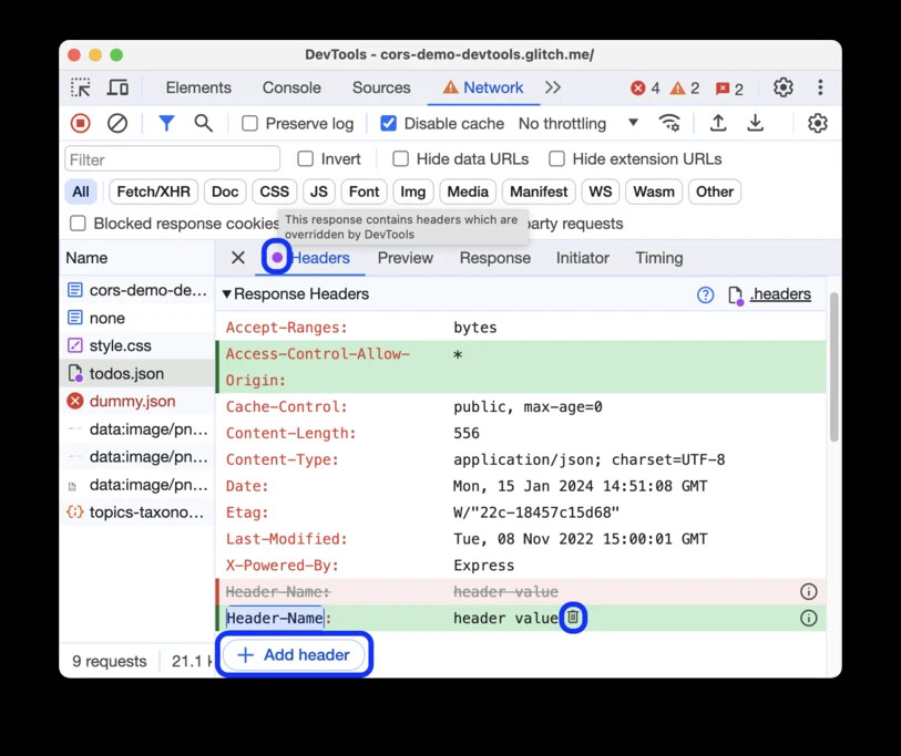 Screenshot of browser DevTools in the Network tab, showing response headers for a selected request. Areas in the image are highlighted, including checkboxes and "Add header" field. The menu bar displays File, Edit, etc.